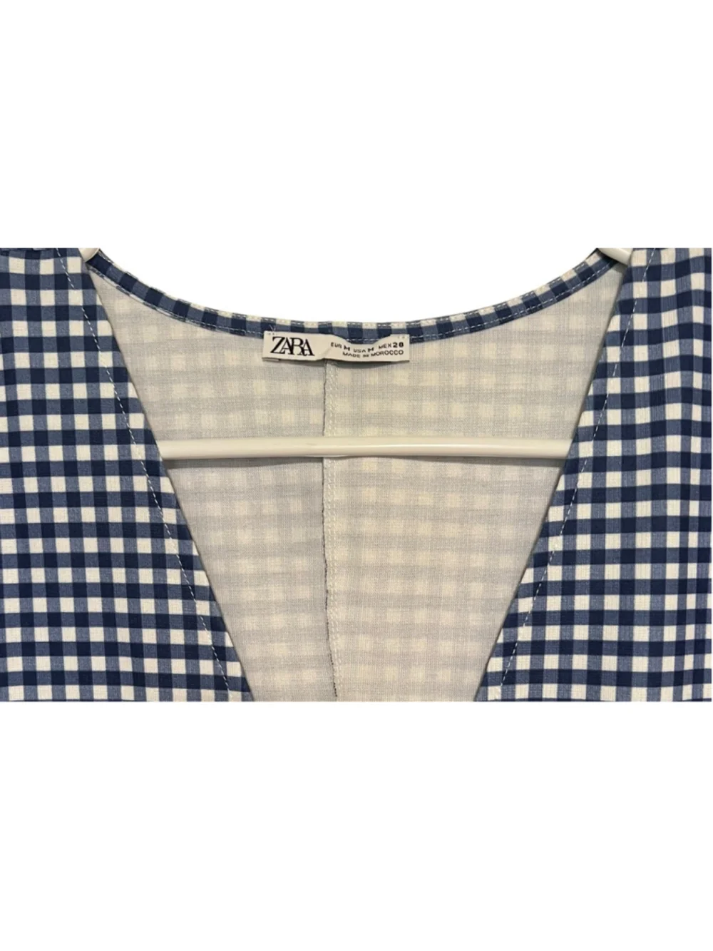 Zara Gingham Checked Dress Womens Medium Blue White Midi Stretch Summer Vacation - Picture 5 of 7